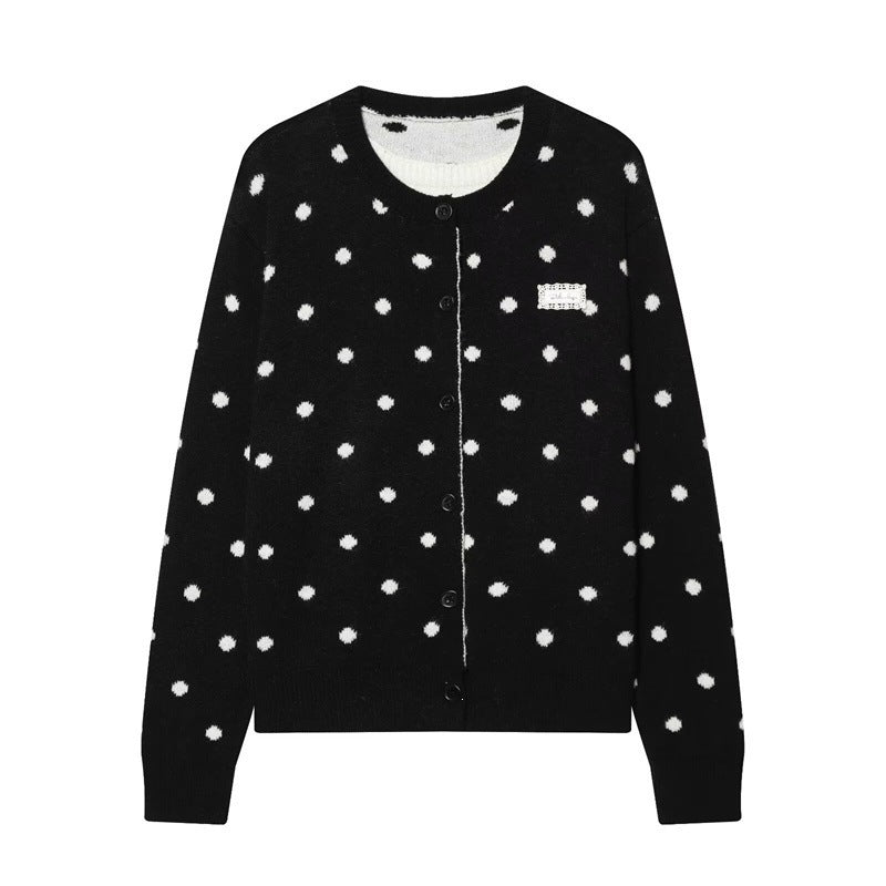 Women's Dotted Knit Cardigan with Round Neck and Button Placket Fashion Glam
