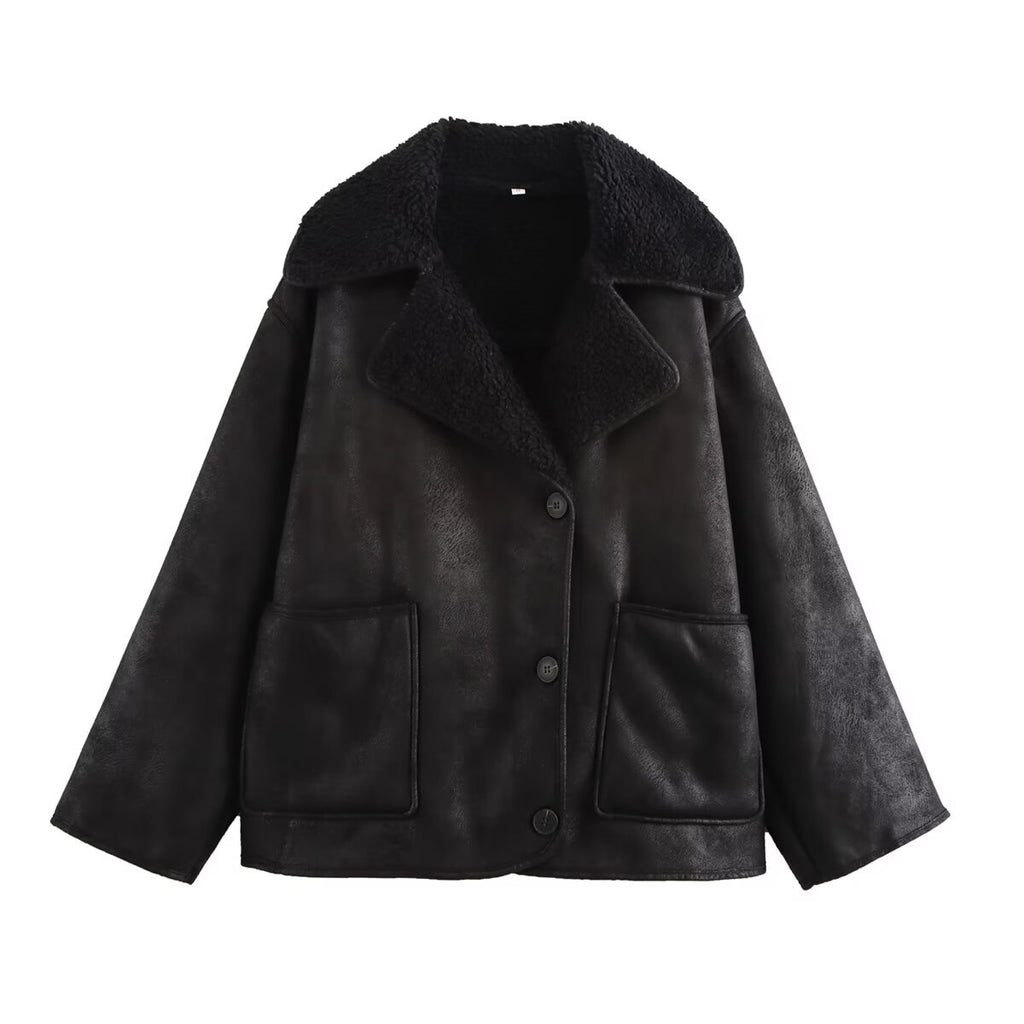 Women Short Lambskin Look Jacket in Boxy Cut with Shawl Collar and Patch Pockets Fashion Glam