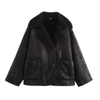 Women Short Lambskin Look Jacket in Boxy Cut with Shawl Collar and Patch Pockets Fashion Glam