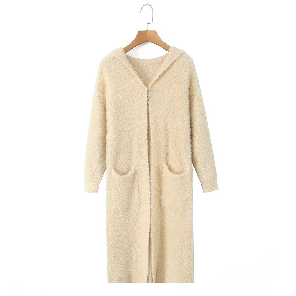 Women Longer fluffy hooded cardigan with patch pockets and open front Fashion Glam