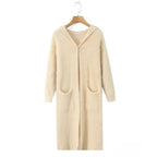 Women Longer fluffy hooded cardigan with patch pockets and open front Fashion Glam