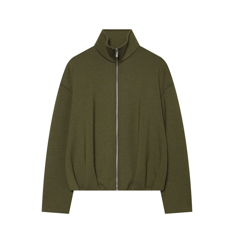 Women Boxy Cropped Stand Collar Cardigan with Full Zip and Dropped Shoulder Fashion Glam