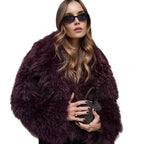 Ladies Short Boxy Plush Jacket in Shaggy Look with Dropped Lapel Fashion Glam