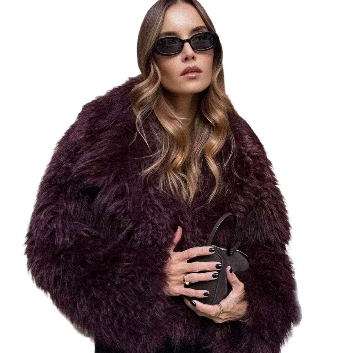 Ladies Short Boxy Plush Jacket in Shaggy Look with Dropped Lapel Fashion Glam
