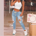 Women High-Waisted Slim Jogger Jeans with Destroyed Inserts and Drawstring Fashion Glam