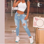 Women High-Waisted Slim Jogger Jeans with Destroyed Inserts and Drawstring Fashion Glam