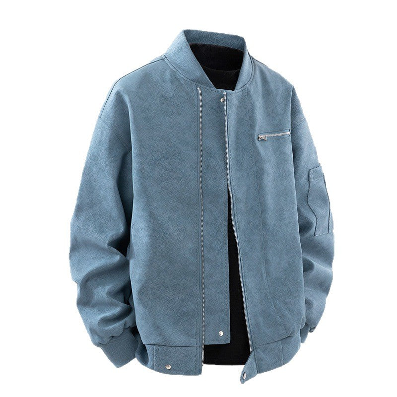 Men's Suede Look Bomber Jacket with Full Zip, Rib Collar and Utility Pockets Fashion Glam