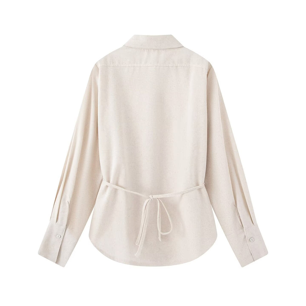 Women Two-piece ensemble consisting of fitted blouse with tie and high-waisted palazzo pants Fashion Glam