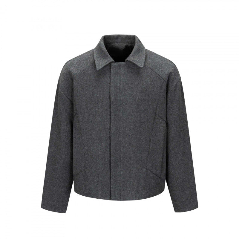 Men's Short Boxy Wool Blend Transitional Jacket with Concealed Button Placket and Raglan Sleeves Fashion Glam