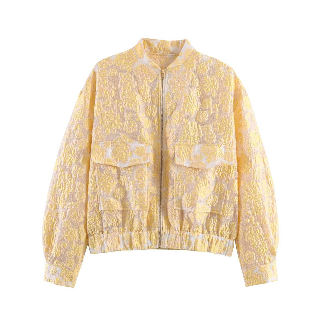 Women's short cut quilted bomber jacket with floral jacquard texture, elastic hem and patch pockets Fashion Glam