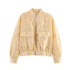 Women's short cut quilted bomber jacket with floral jacquard texture, elastic hem and patch pockets Fashion Glam
