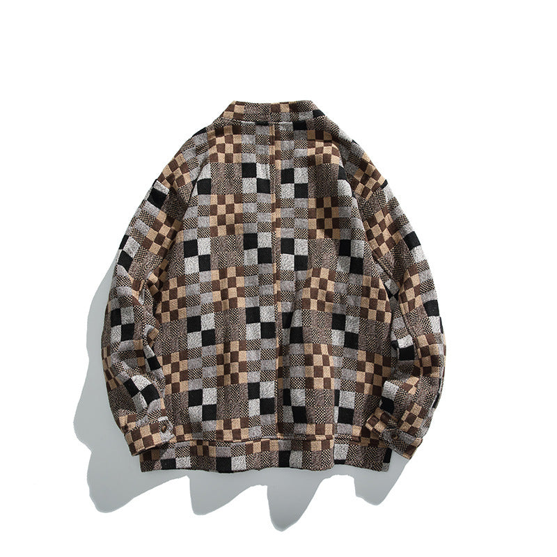 Unisex Boxy Cardigan in Patchwork Check with V-neck, snap front, and patch pockets Fashion Glam