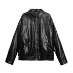 Women Boxy Faux Leather Blouson Jacket with Shirt Collar, Zipper and Elastic Hem Fashion Glam