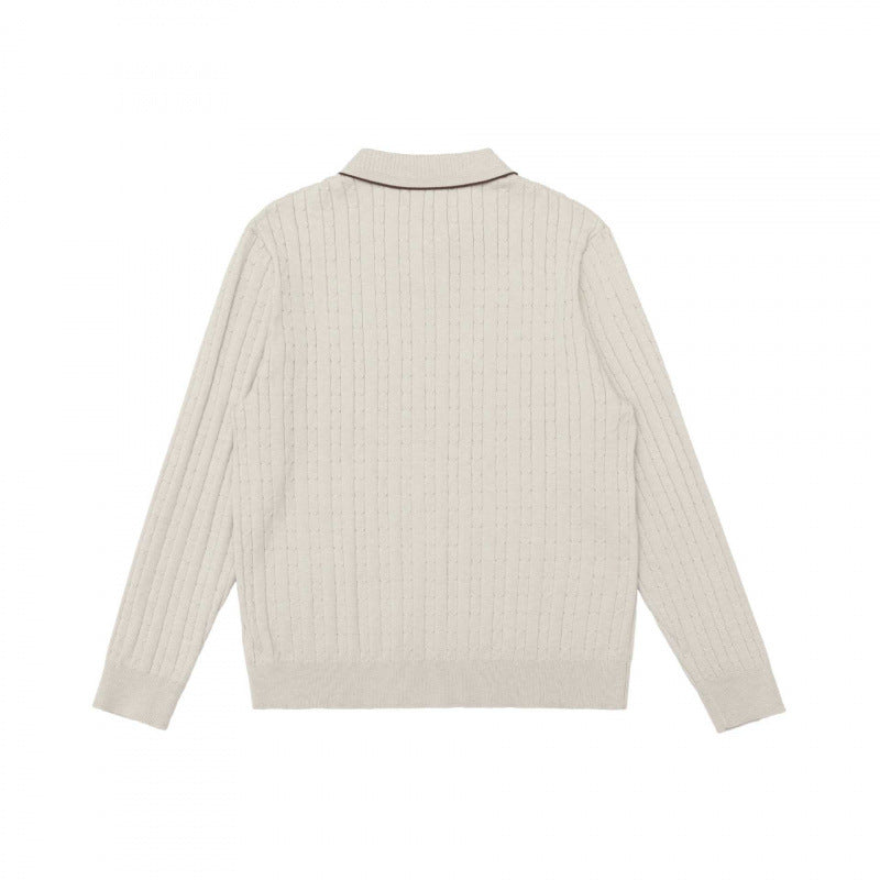 Men's polo collar knitted sweater with cable pattern and fine button placket Fashion Glam