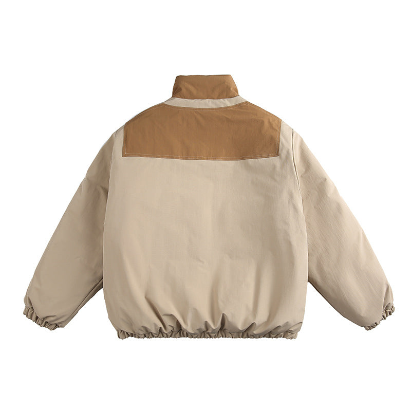 Unisex Boxy padded stand-up collar jacket with contrast panels, vertical chest zippers, and large flap pockets Fashion Glam