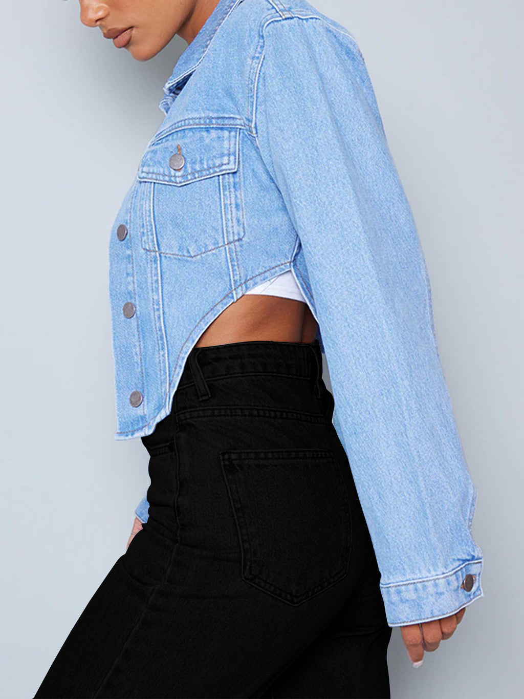 Women's short tailored cropped denim jacket with curved V hem Fashion Glam