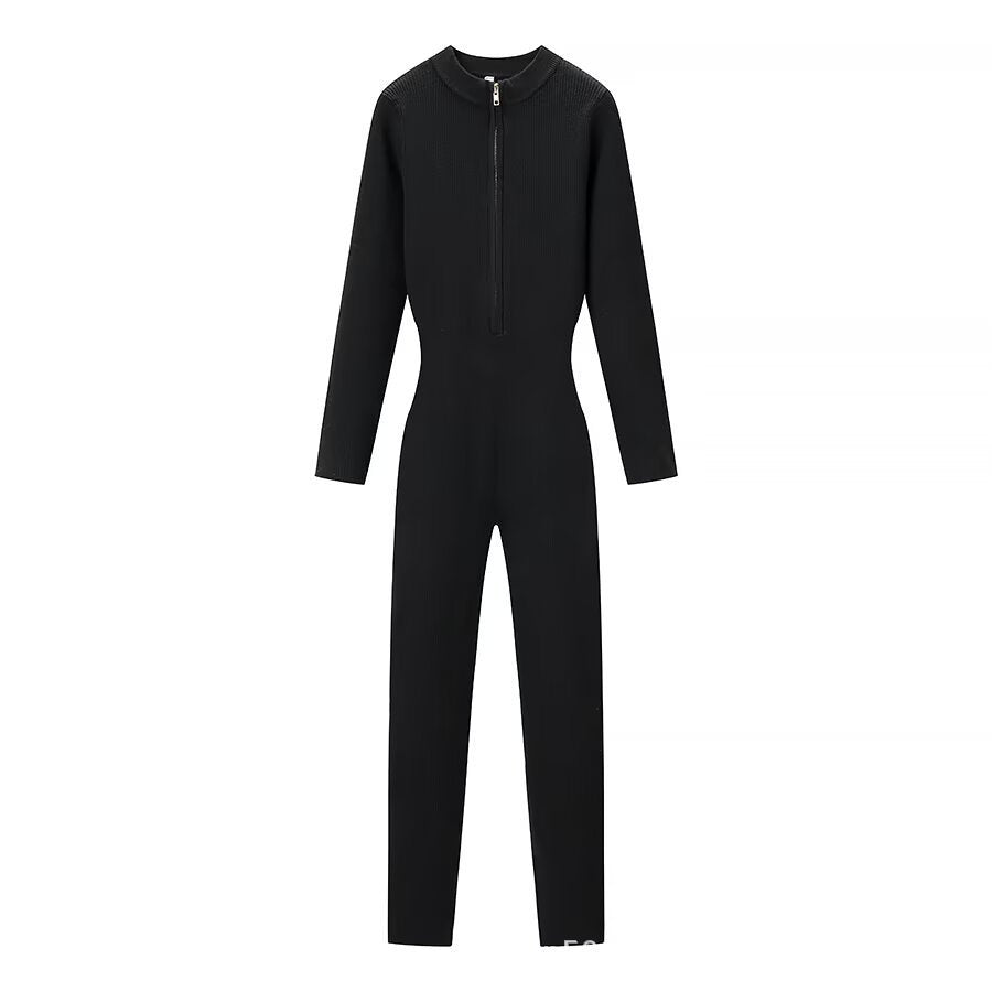 Ladies Body-Con Knitted Jumpsuit with Zipper and Stand Collar Fashion Glam