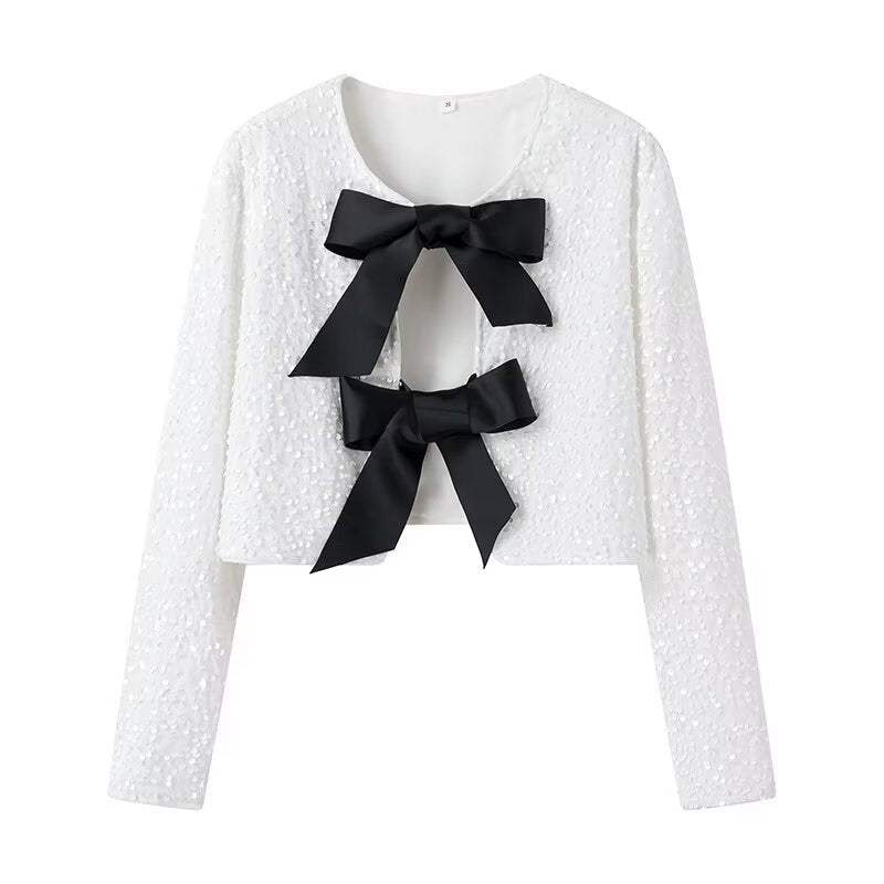 Women's short bolero jacket with sequin trim and double tied satin bows Fashion Glam