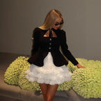 Women's dress in two-piece look with velvet blazer top, bow collar, and tiered lace skirt Fashion Glam