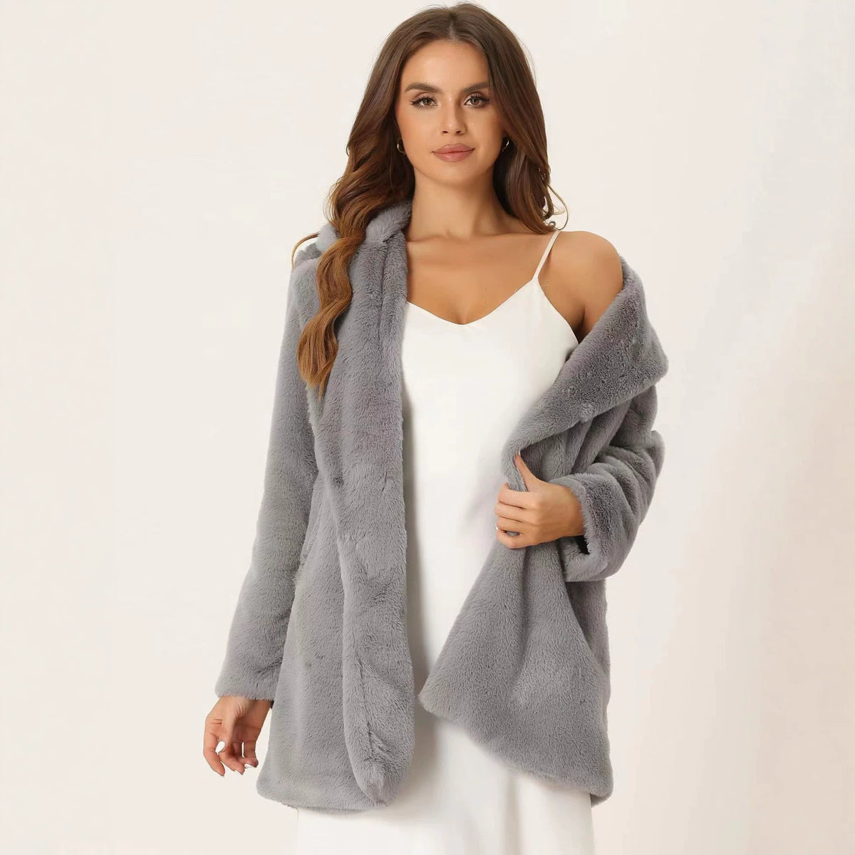 Ladies Mid-length Faux Fur Coat with Soft Shawl Collar and Pocket Chicicherry