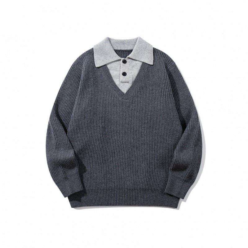Unisex chunky knit boxy sweater with V-neck and contrasting polo button collar Fashion Glam