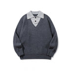 Unisex chunky knit boxy sweater with V-neck and contrasting polo button collar Fashion Glam