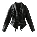 Women's short jacket in suede look with shawl collar, lacing details and waist belt Fashion Glam