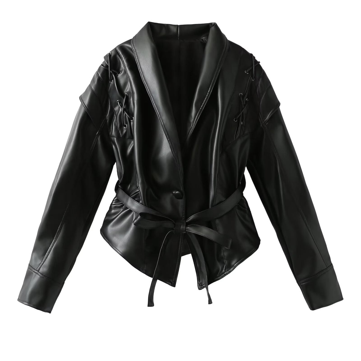 Women's short jacket in suede look with shawl collar, lacing details and waist belt Fashion Glam
