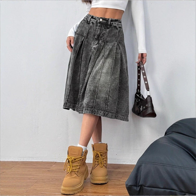 Ladies midi skirt made of denim with vintage wash, pleats and high waist Fashion Glam