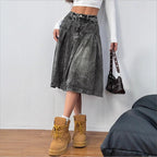 Ladies midi skirt made of denim with vintage wash, pleats and high waist Fashion Glam