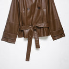 Women's leather trench coat with belt, shoulder flaps and oversized collar Fashion Glam