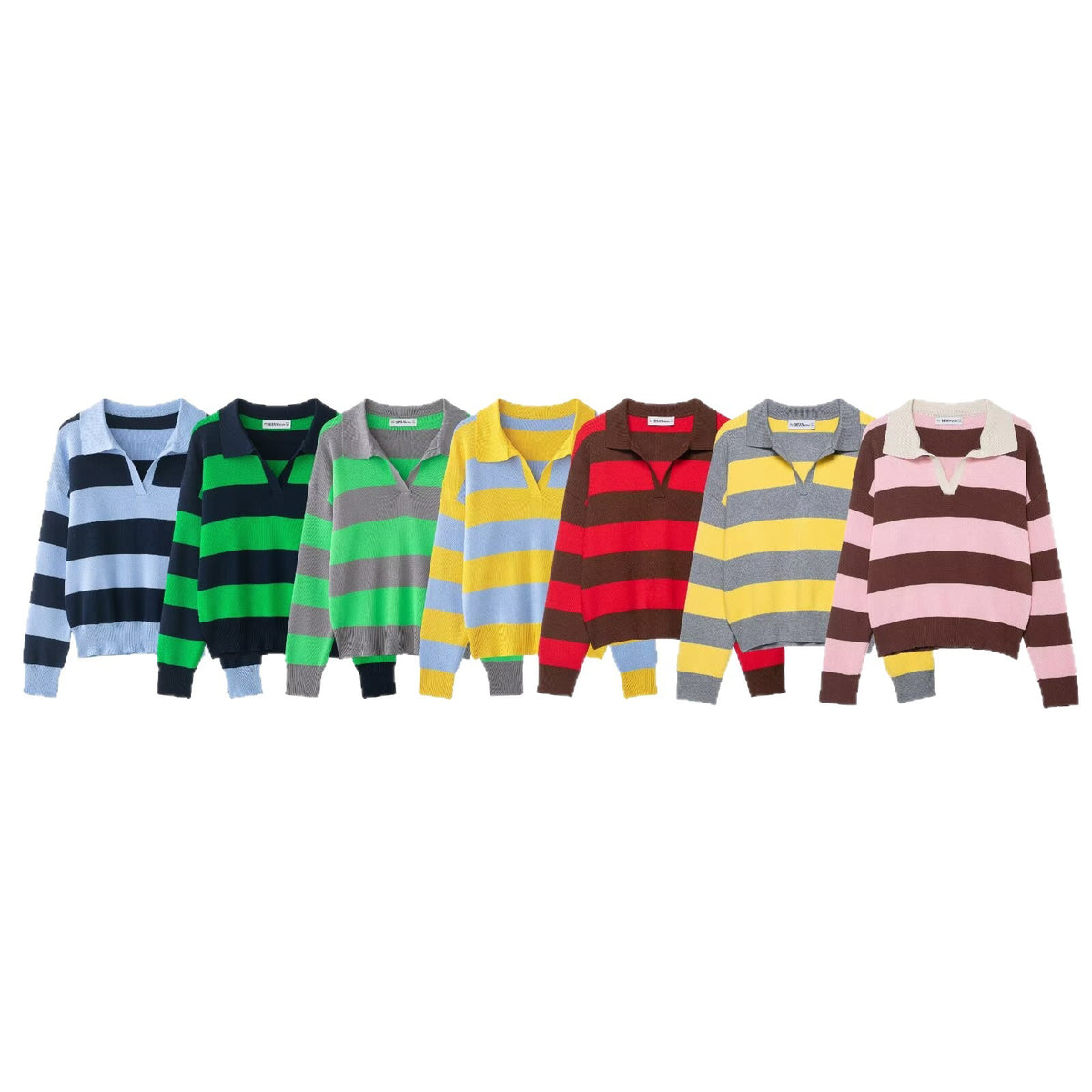 Women Striped Oversize Rugby Sweater with Polo Collar and V-Neck Fashion Glam