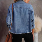 Women's Short Cut Oversized Denim Jacket with Frayed Hem and Flap Pockets Fashion Glam