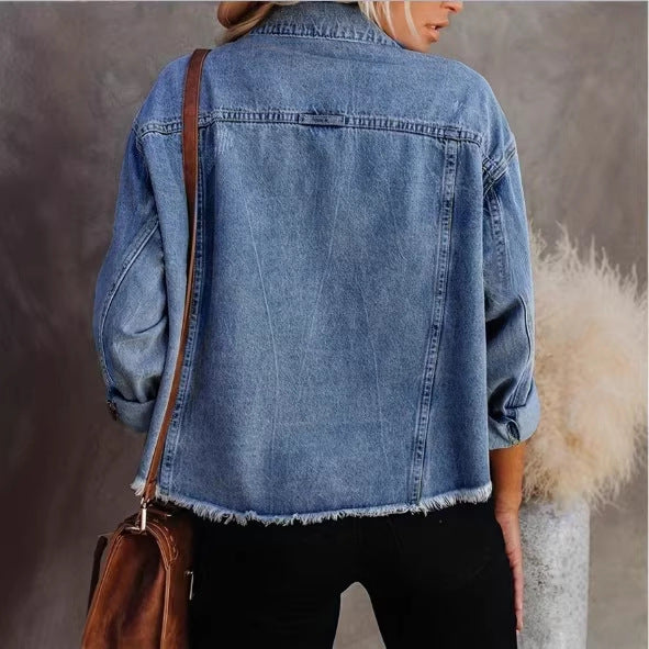 Women's Short Cut Oversized Denim Jacket with Frayed Hem and Flap Pockets Fashion Glam