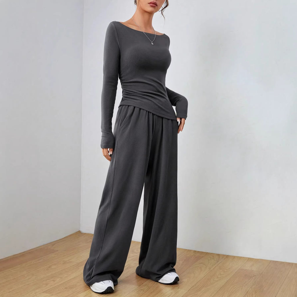 Women’s loungewear set made of softly falling jersey with a boat neckline, fitted long sleeve, and wide palazzo pants Fashion Glam