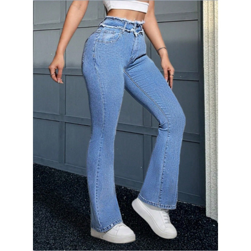 Women High-Waisted Sculpting Flared Jeans with Gathered Waistband and Figure-Shaping Fit Fashion Glam