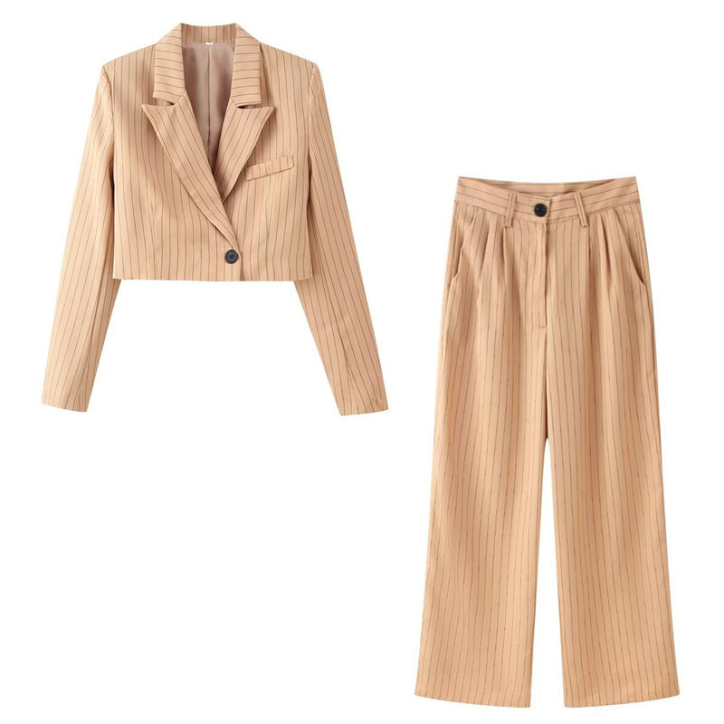 Women's two-piece pinstripe cropped blazer and high-waist wide-leg pants set Fashion Glam