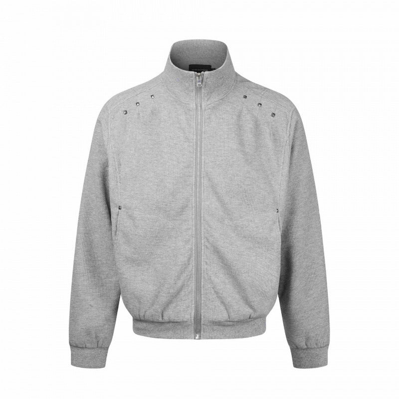 Unisex Chunky Knit Zip Bomber Jacket with Stand-up Collar, Stud Detail and Zip Pockets Fashion Glam