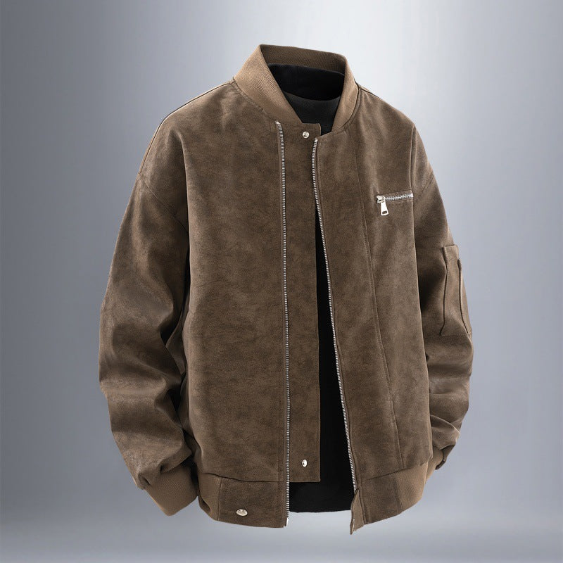 Men's Suede Look Bomber Jacket with Full Zip, Rib Collar and Utility Pockets Fashion Glam