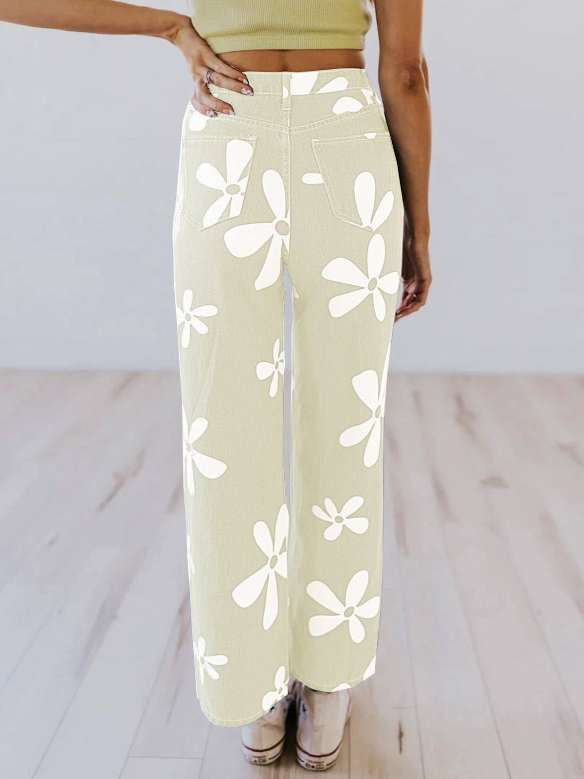 Women's High-Waisted Wide-Leg Jeans with Large Floral Print Fashion Glam