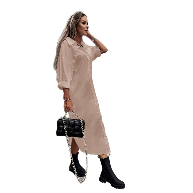 Women's Long Oversized Shirt Dress with Continuous Button Placket, Cuffed Sleeves and Deep Side Slit Fashion Glam