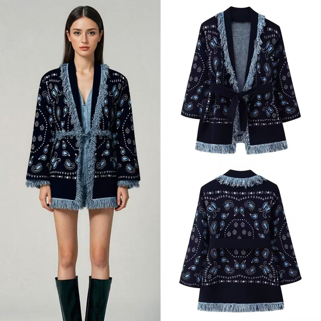 Women Fringe Kimono Cardigan with Paisley Jacquard and Tied Belt Fashion Glam