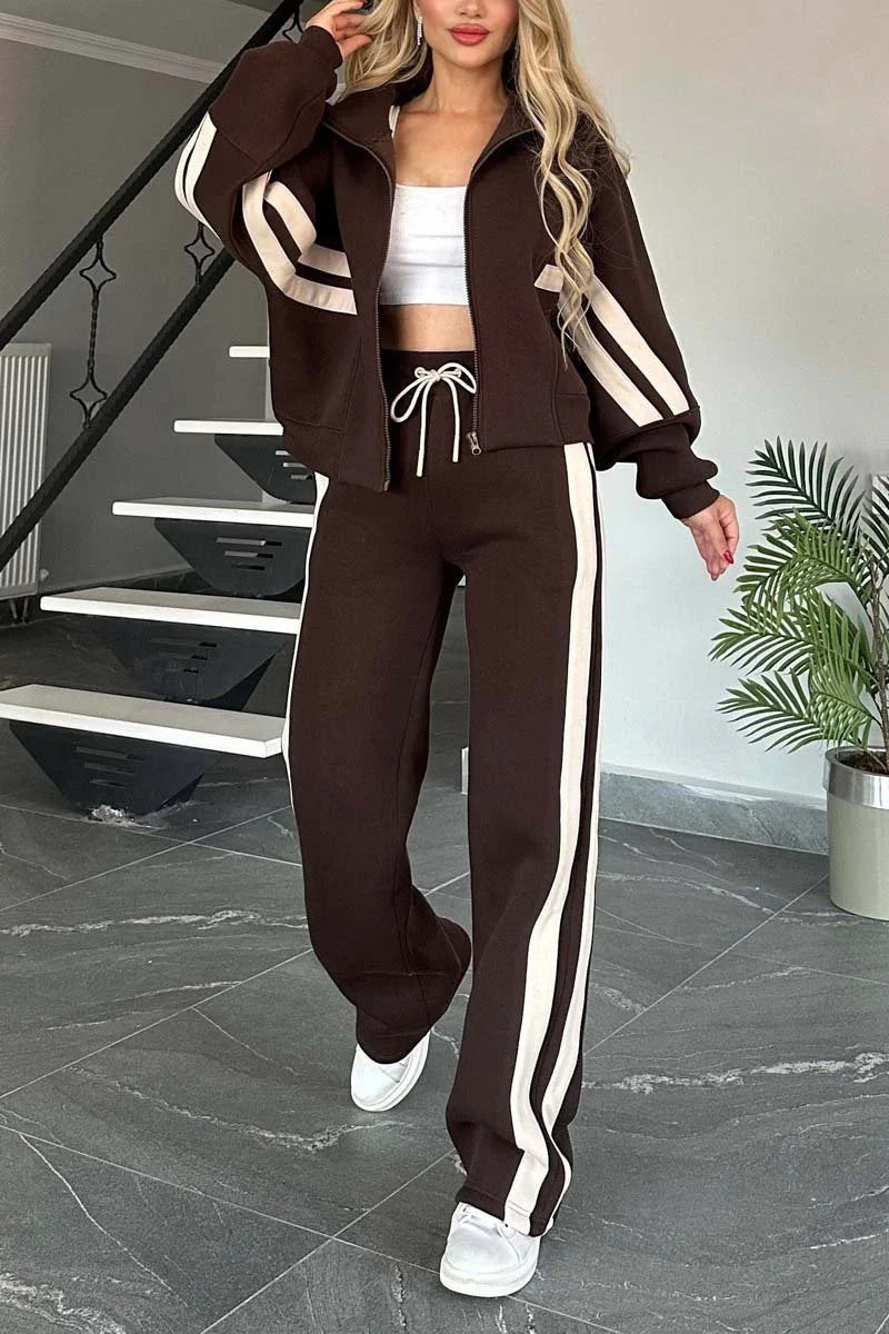 Women Two-Piece Sweat Set with Zipper Jacket and High-Waist Relaxed Jogging Pants Fashion Glam