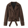 Women's Short Suede Look Jacket with Waist Belt and Lapel Collar Fashion Glam