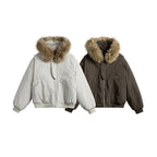Women's short insulated field bomber jacket with hood and removable faux fur trim Fashion Glam