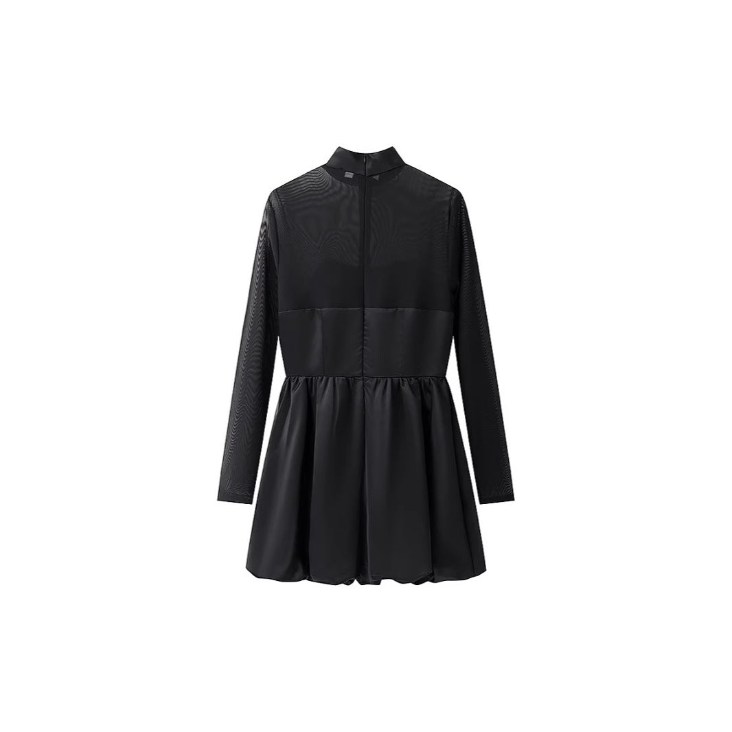 Women Short Mesh Sheath Dress with Stand Collar, Heart-Shaped Neckline and Fitted Flared Skirt Fashion Glam
