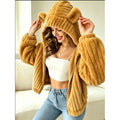 Women's Cozy Teddy Hooded Jacket with Plush Texture and Hood Ears Fashion Glam