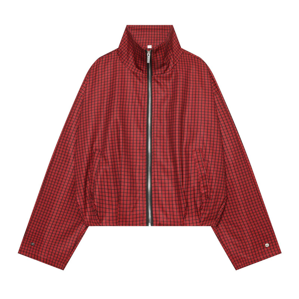 Women's Checked Cropped Bomber Jacket with High Stand Collar, Elastic Hem and Full Zip Fashion Glam