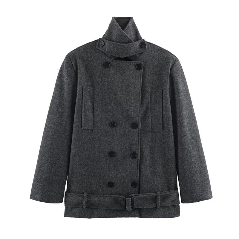 Men's short double-breasted wool coat with stand collar and waist belt Fashion Glam
