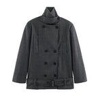 Men's short double-breasted wool coat with stand collar and waist belt Fashion Glam
